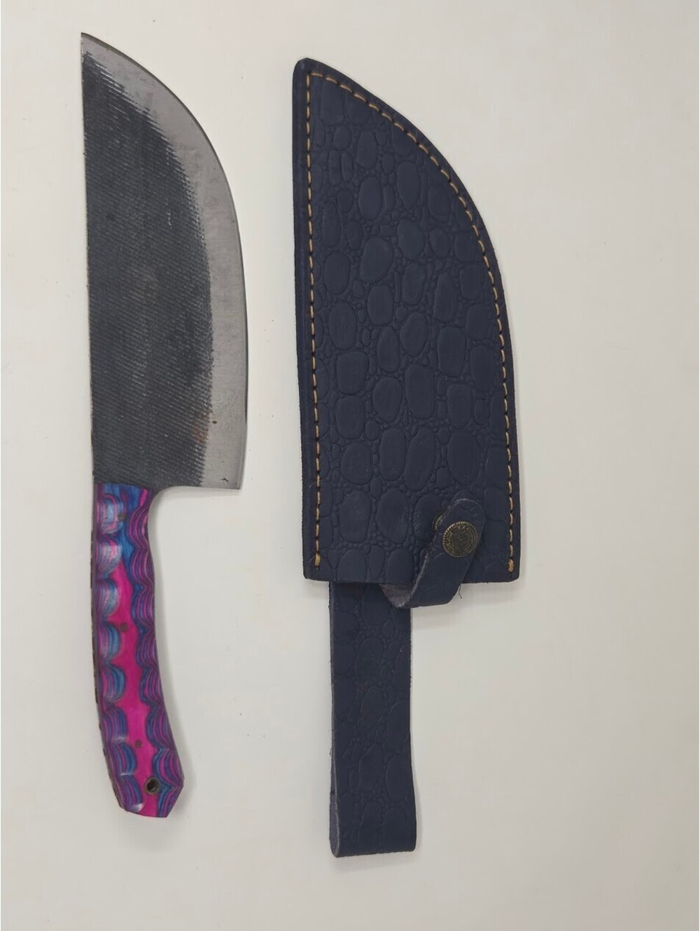 Hand Forged Fixed Blade Cleaver Knife Blue Sheath Pink Blue Handle Steel